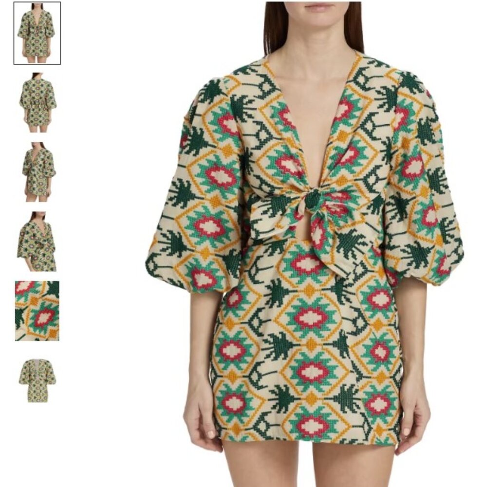 Johanna Ortiz Abstract Oasis Tie-Front Mini Dress in Ecru/Aqua